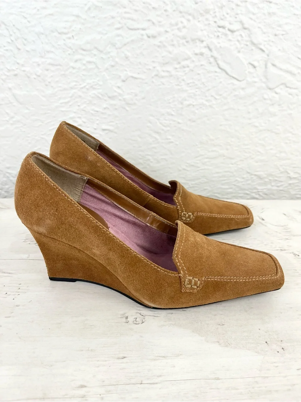 Vintage 90s Y2K Suede Wedge Loafers Tan Preppy 6.5